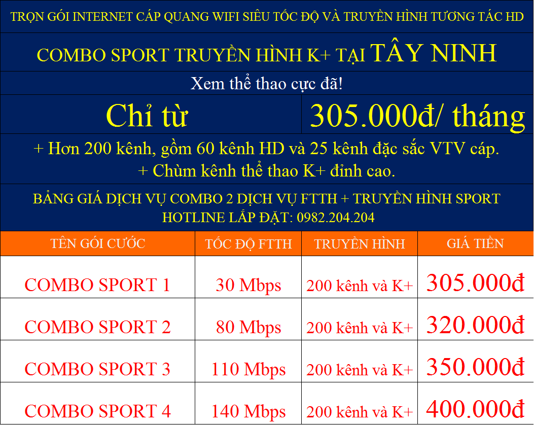 Các gói combo internet truyền hình K+ Viettel tại Tây Ninh