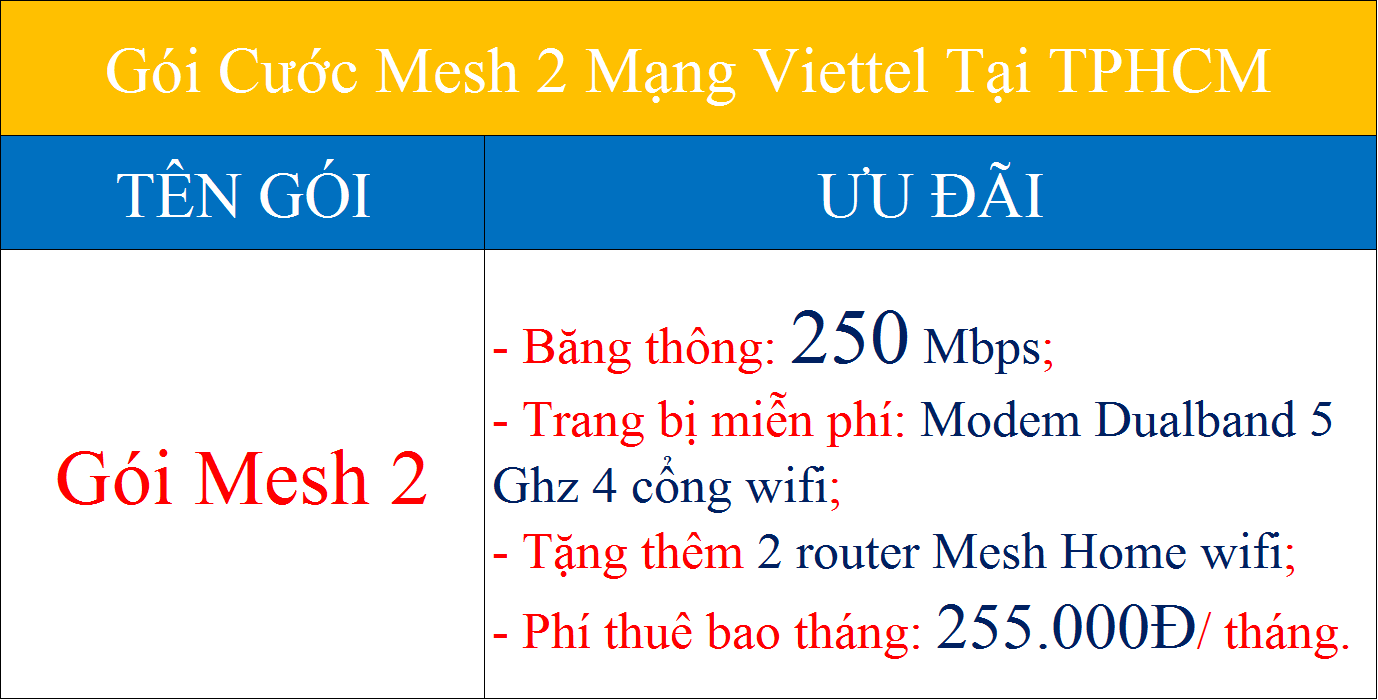 Gói cước Mesh 2 mạng Viettel tại TPHCM