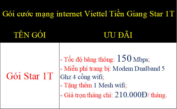 Gói cước mạng internet Viettel Tiền Giang Star 1T