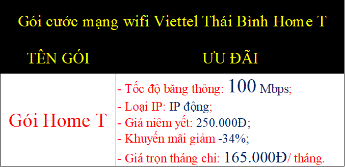 Gói cước mạng wifi Viettel Thái Bình Home T