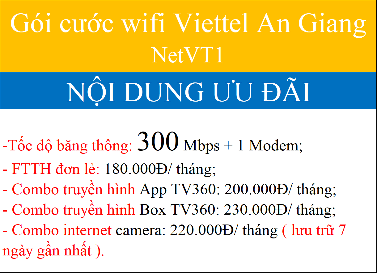 Bảng Giá Các Gói Cước Wifi Viettel An Giang 2026 Giảm -40% 1 Gói cước wifi Viettel An Giang NetVT1
