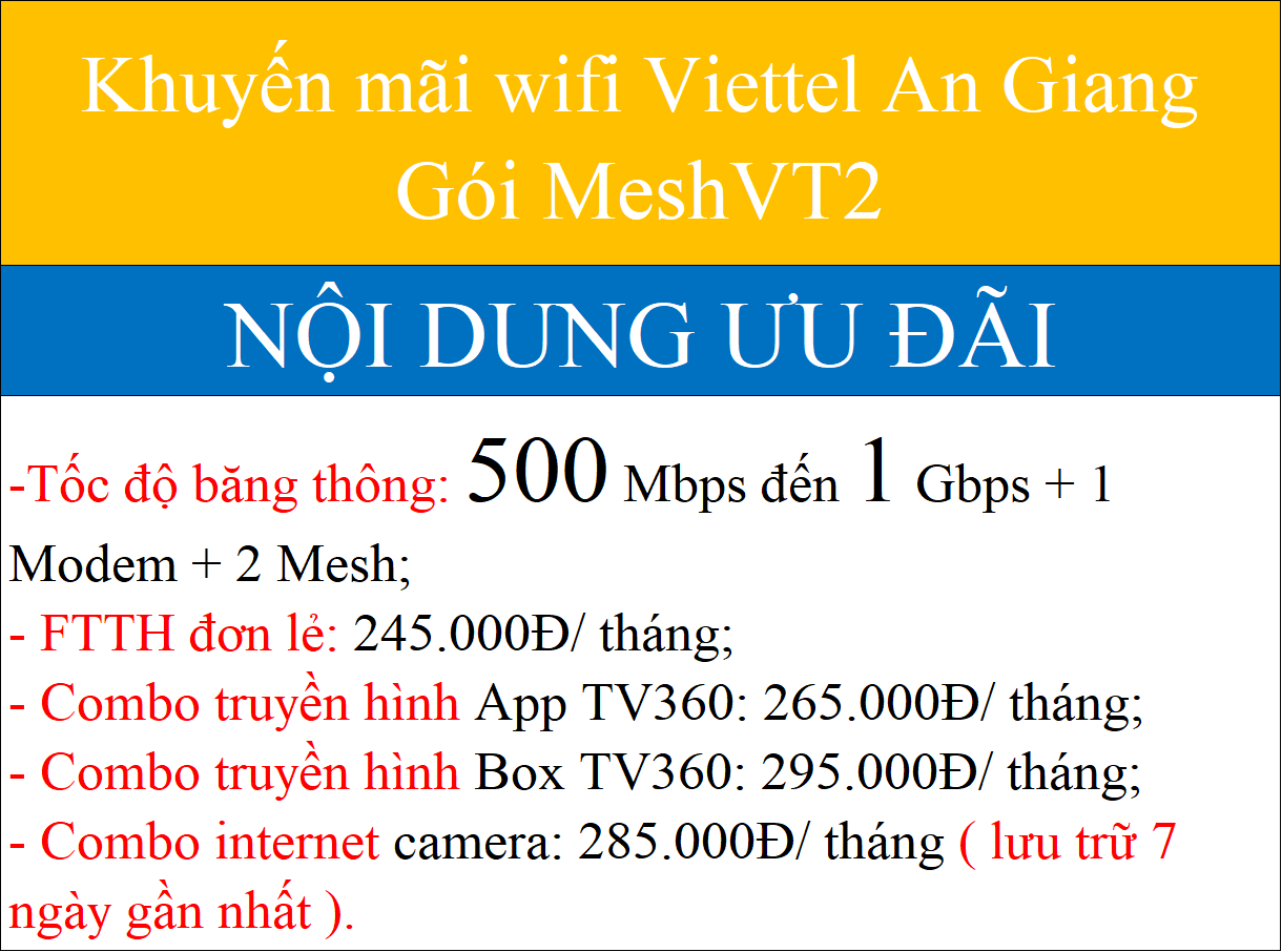 Bảng Giá Các Gói Cước Wifi Viettel An Giang 2026 Giảm -40% 4 Khuyến mãi wifi Viettel An Giang Gói MeshVT2