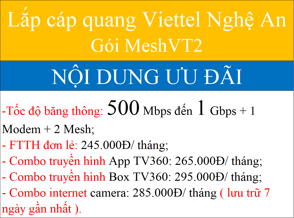 Khuyến Mãi Lắp Wifi Viettel Nghệ An 2026 Cực Rẻ Chỉ 180.000Đ/ Tháng 4 Lắp cáp quang Viettel Nghệ An Gói MeshVT2