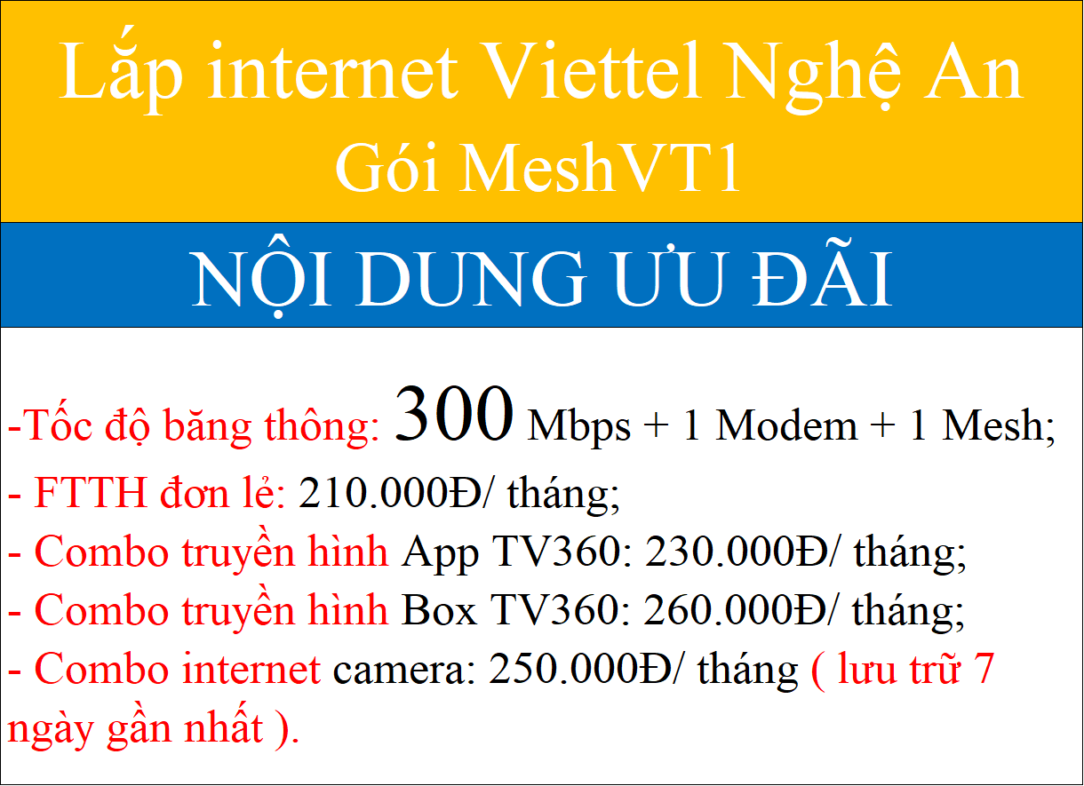 Khuyến Mãi Lắp Wifi Viettel Nghệ An 2026 Cực Rẻ Chỉ 180.000Đ/ Tháng 3 Lắp internet Viettel Nghệ An Gói MeshVT1