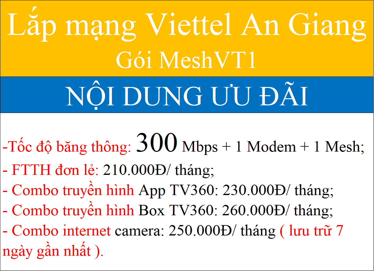Bảng Giá Các Gói Cước Wifi Viettel An Giang 2026 Giảm -40% 3 Lắp mạng Viettel An Giang Gói MeshVT1
