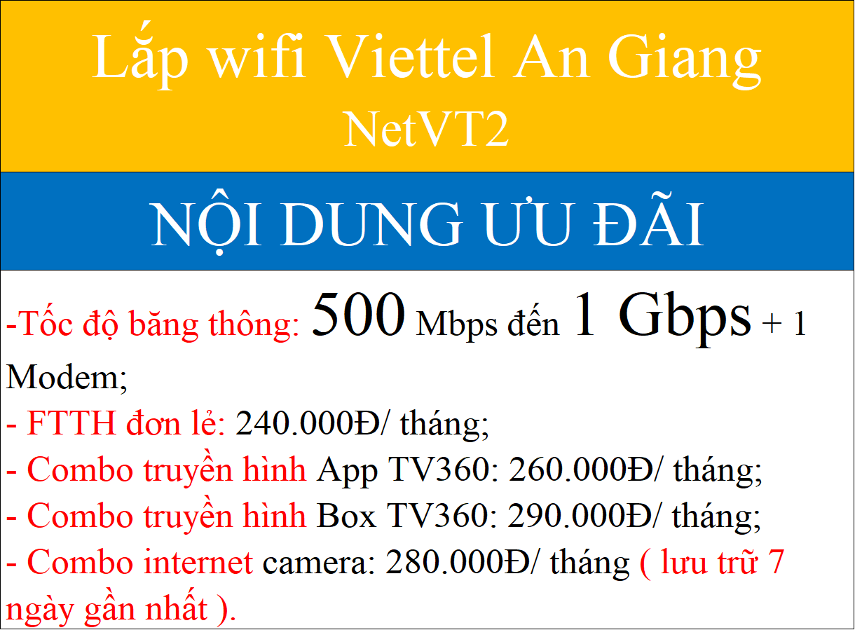 Bảng Giá Các Gói Cước Wifi Viettel An Giang 2026 Giảm -40% 2 Lắp wifi Viettel An Giang NetVT2